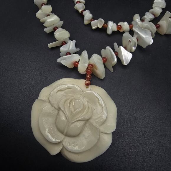 925 HK Mother of Pearl Red Carnelian Carved Flower Necklace Bracelet Set - Picture 3 of 12